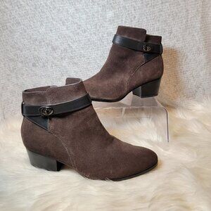 Coach Brown Leather Suede Patricia Block Mid Heel Booties Ankle Boot Classic 10B